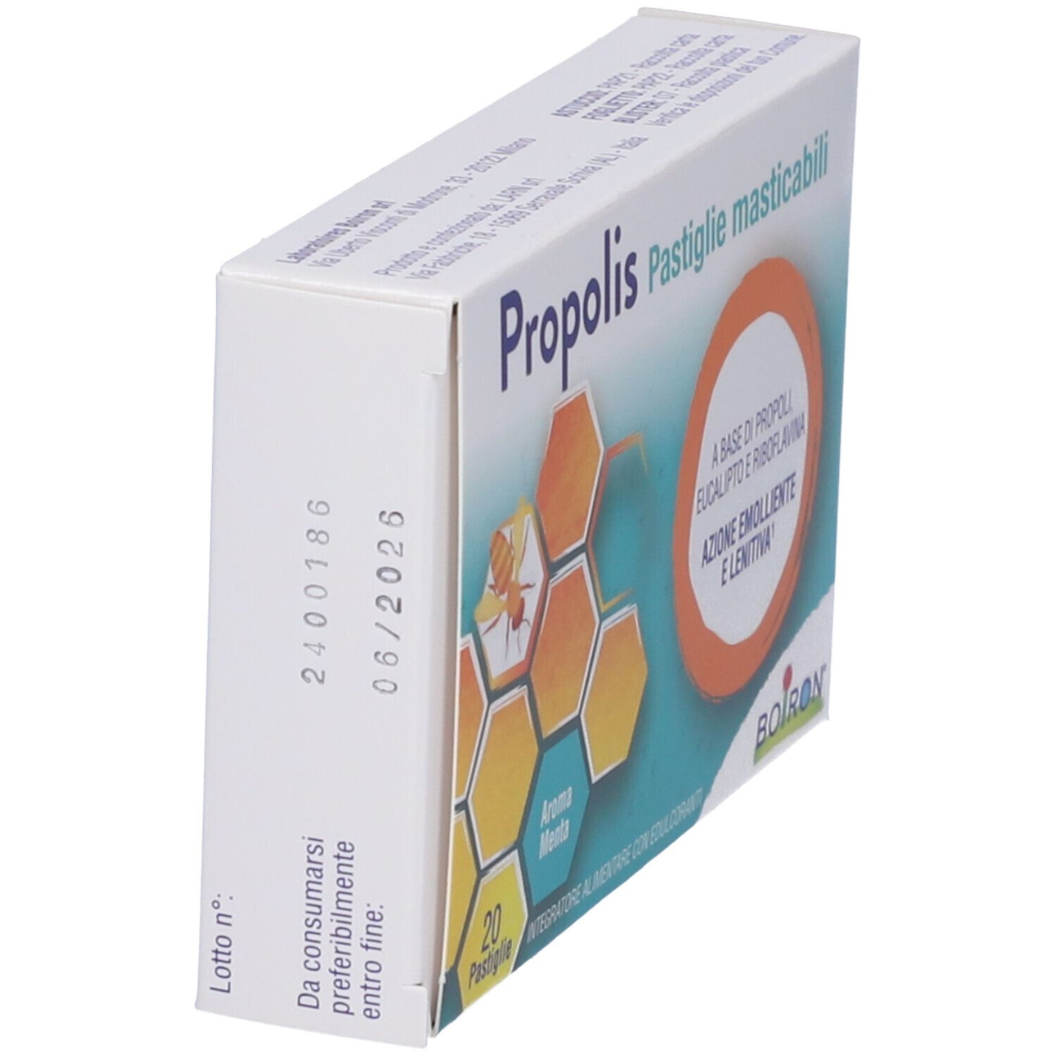Scatola Propolis Pastiglie Masticabili, Aroma Menta. Vista laterale con scadenza 06/2025.