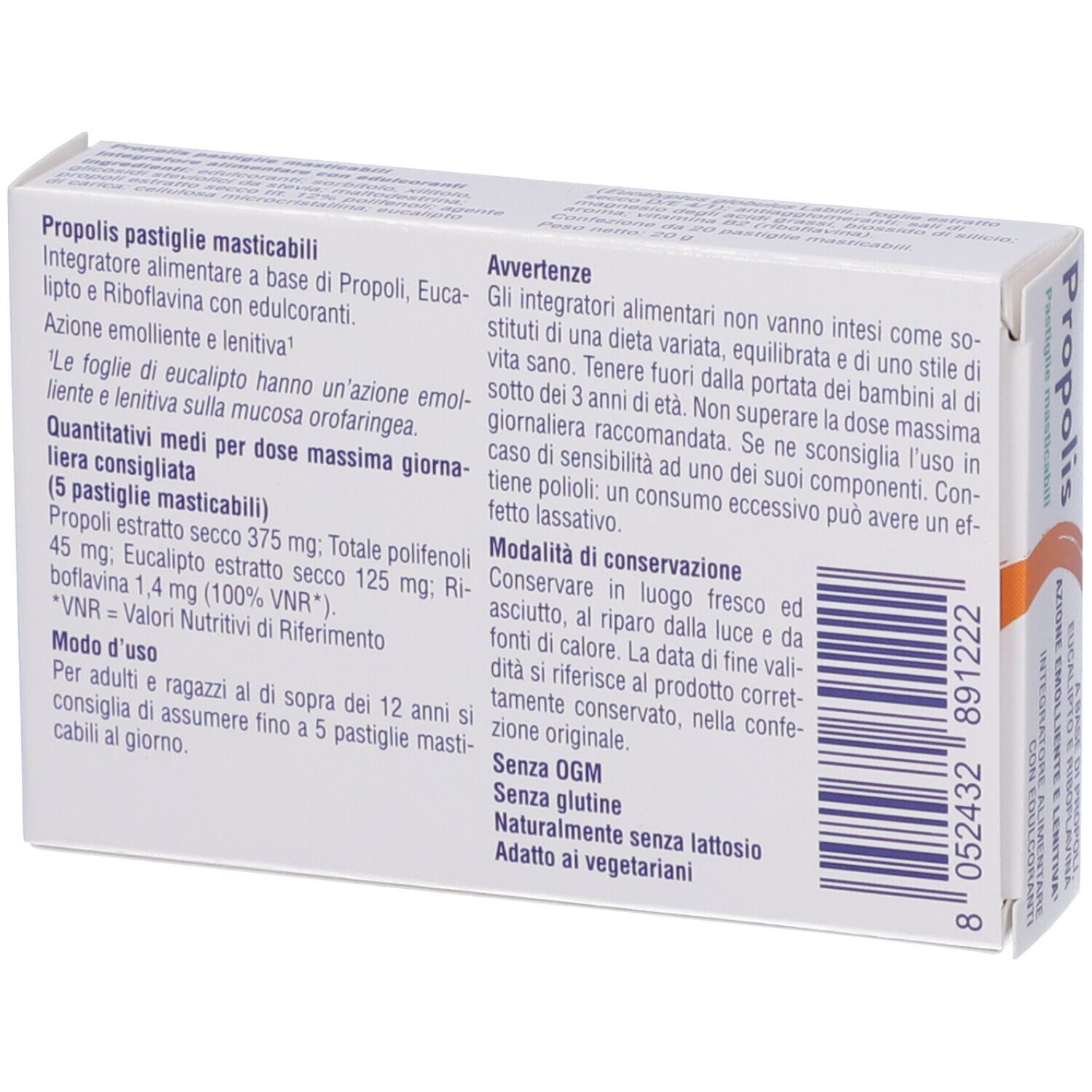 Retro della scatola Propolis Pastiglie Masticabili. Informazioni testuali su ingredienti e uso.