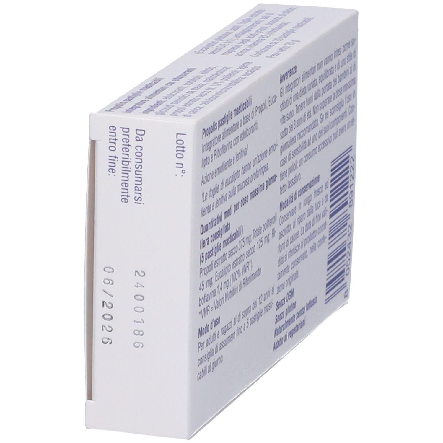 Scatola Propolis Pastiglie Masticabili, vista laterale con scadenza 06/2026.