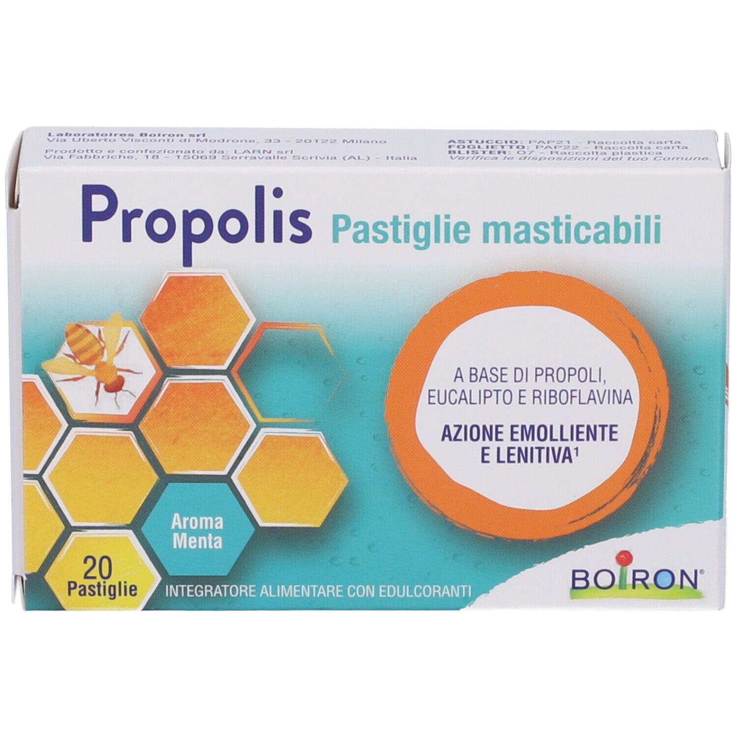 Scatola di Propolis Pastiglie Masticabili, Aroma Menta. Contiene 20 pastiglie. Marchio Boiron.