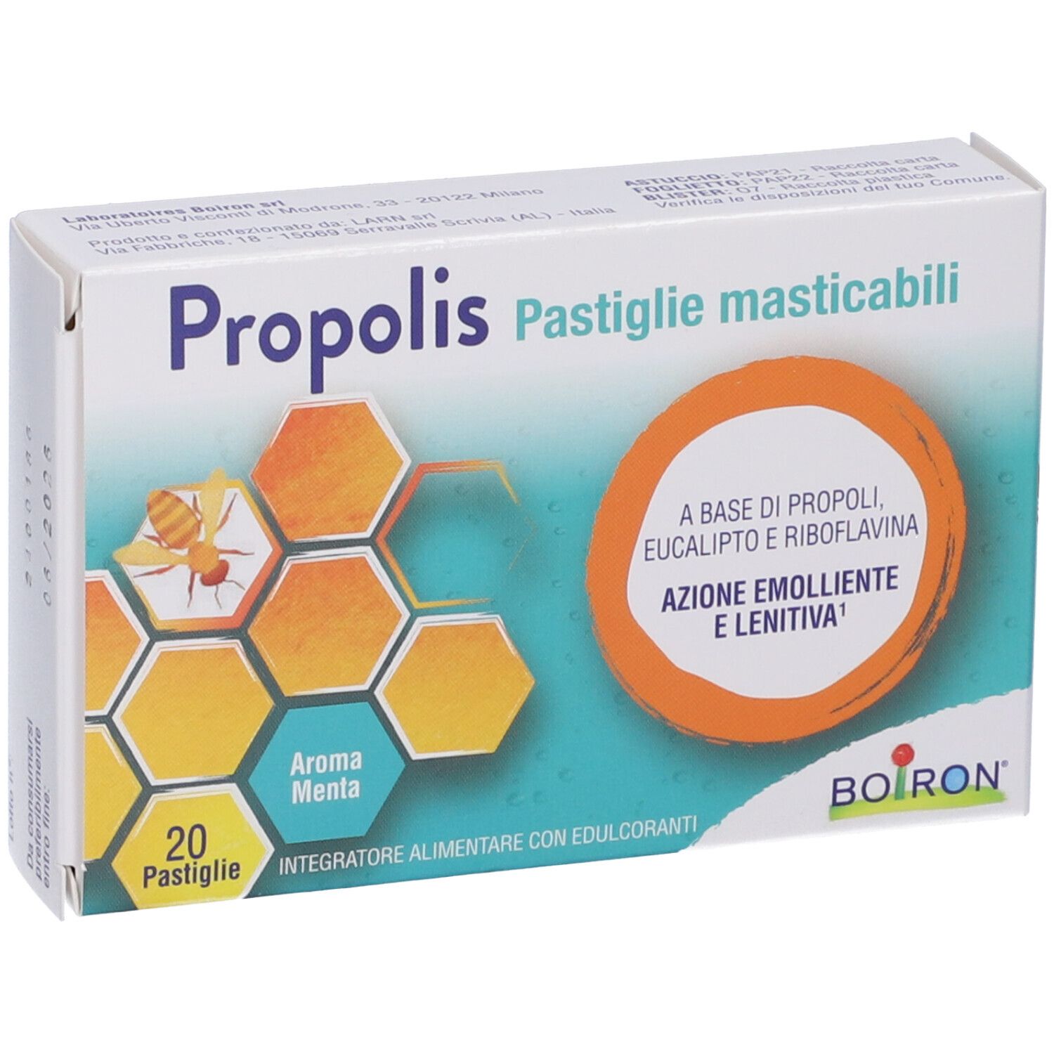 Scatola di Propolis Pastiglie Masticabili, Aroma Menta. Contiene 20 pastiglie. Marchio Boiron.