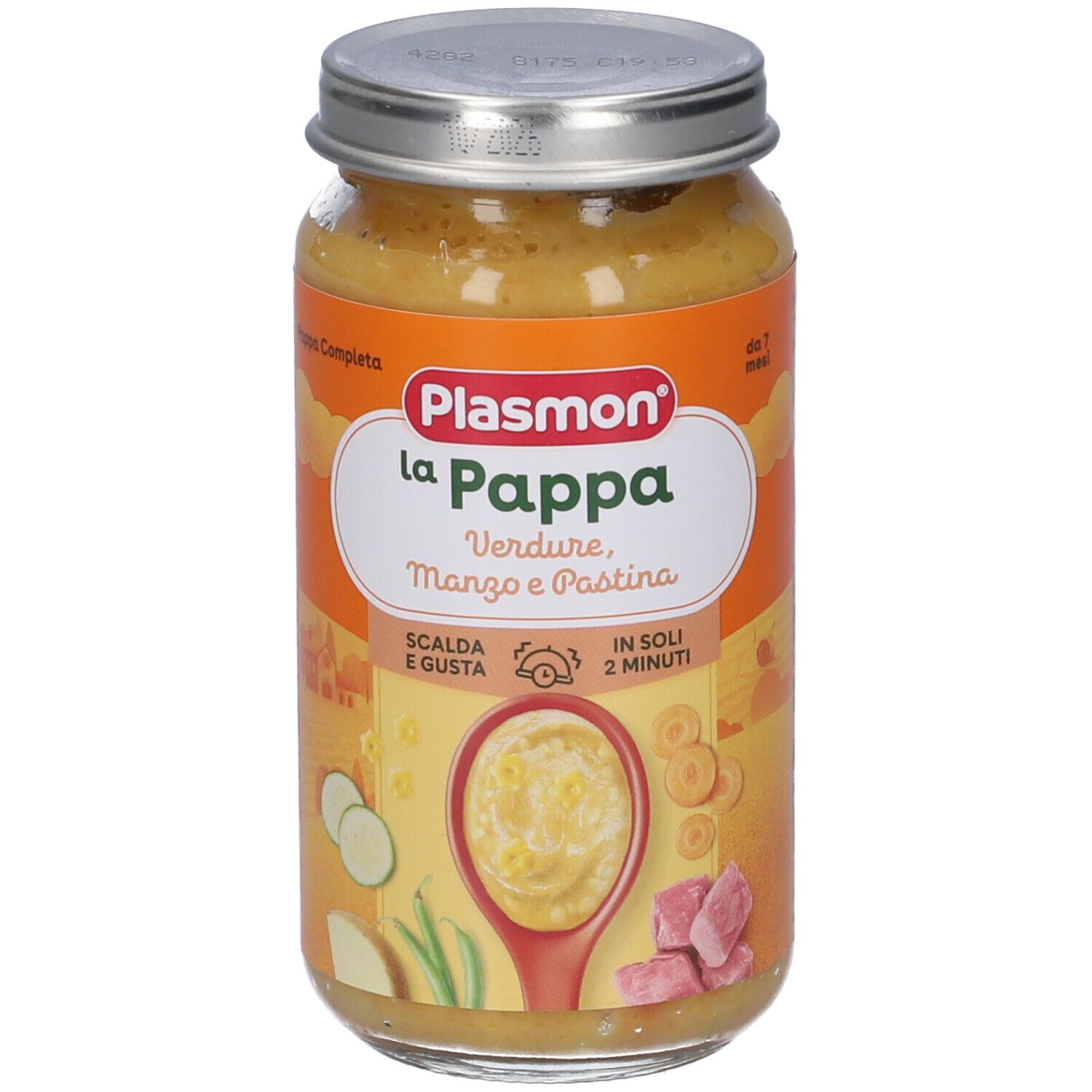 Vasetto di Plasmon La Pappa. Verdure, Manzo e Pastina. Contiene verdure, carne e pasta. Immagine di cucchiaio con cibo.