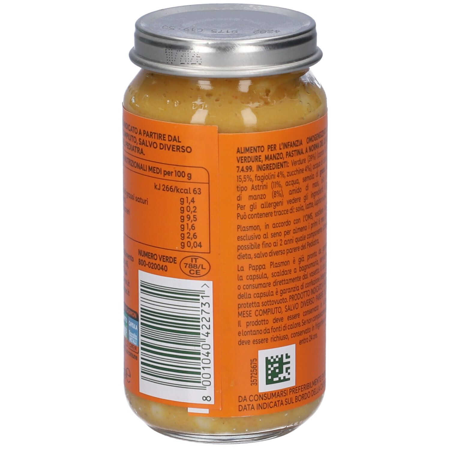Retro del vasetto Plasmon La Pappa. Valori nutrizionali. Verdure, Manzo e Pastina.