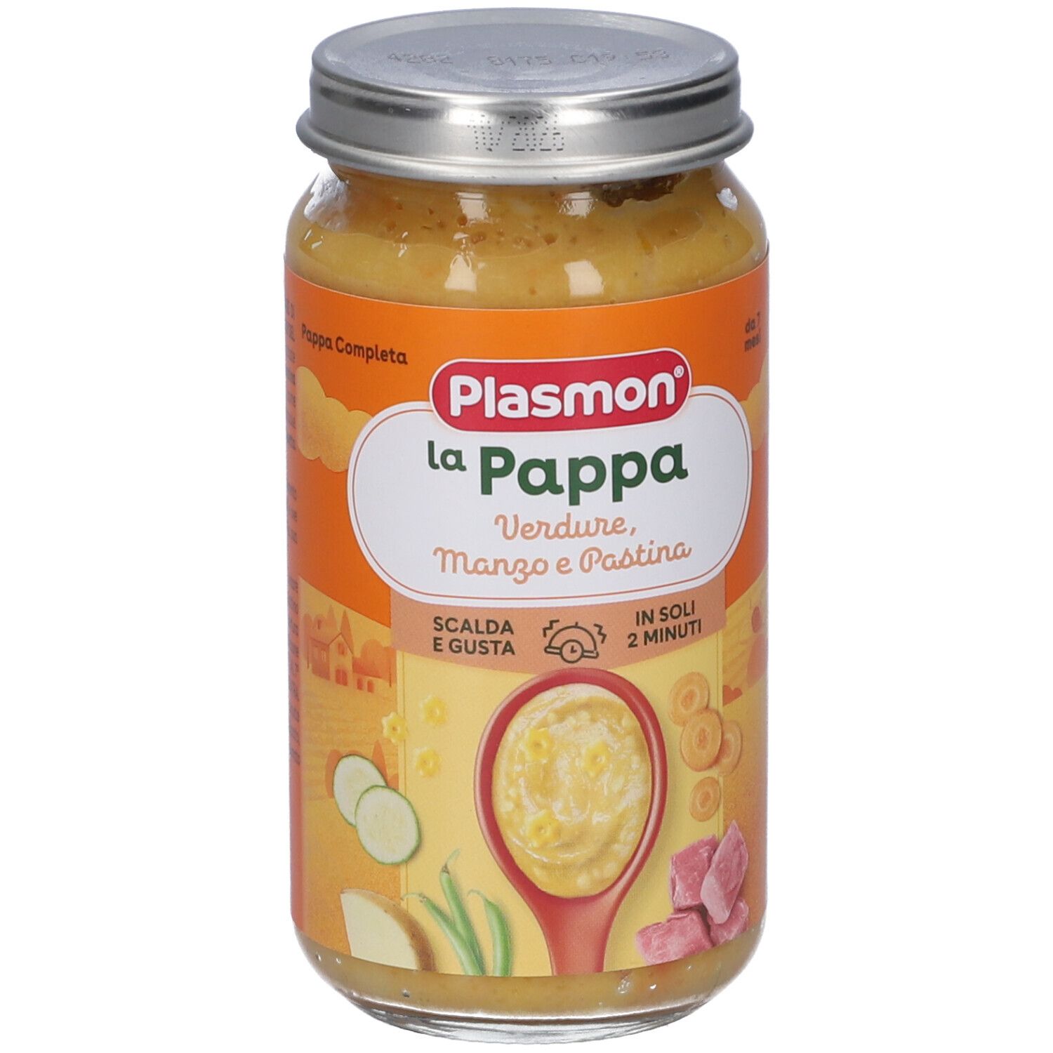 Vasetto di Plasmon La Pappa. Verdure, Manzo e Pastina. Contiene verdure, carne e pasta. Immagine di cucchiaio con cibo.