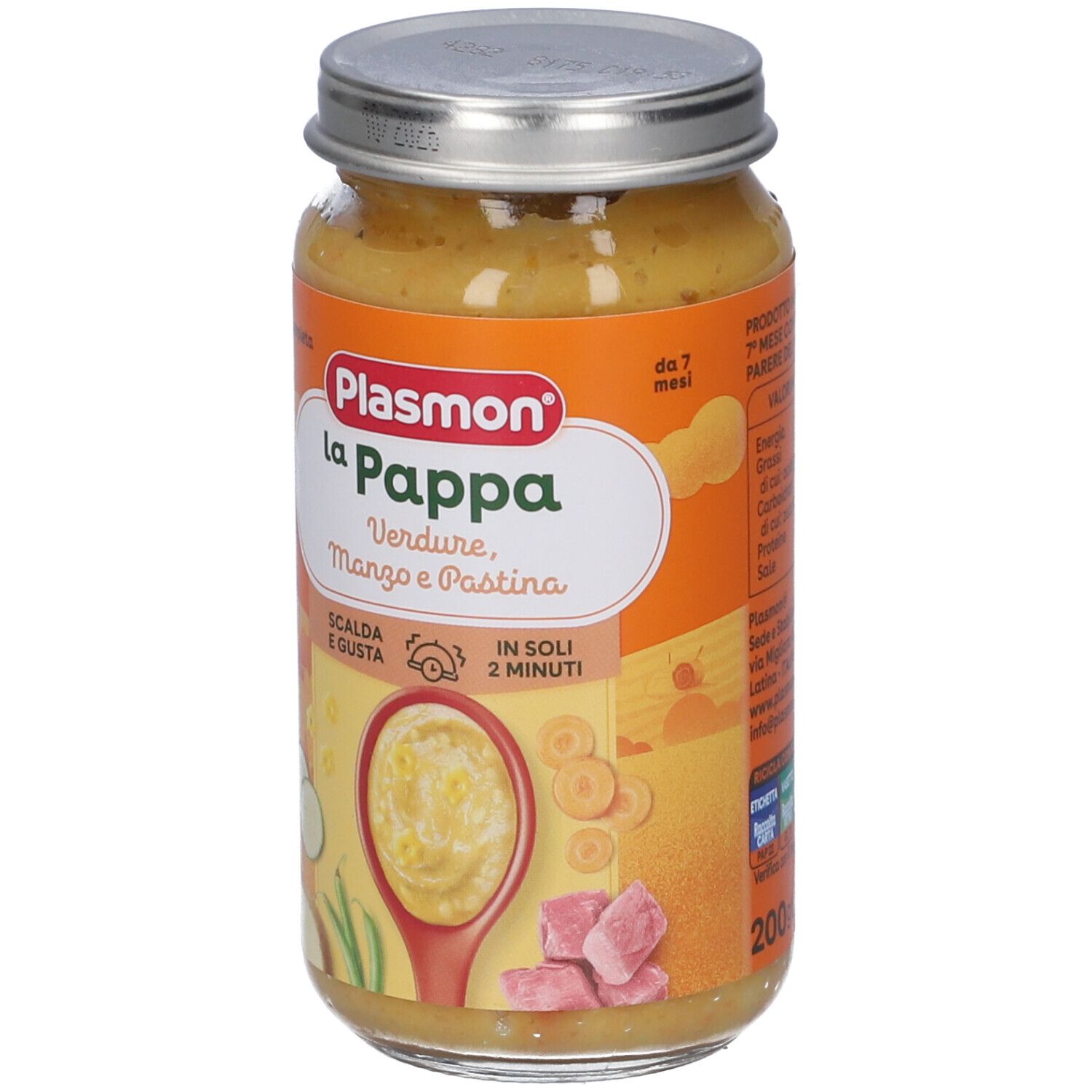 Vasetto di Plasmon La Pappa. Verdure, Manzo e Pastina. Contiene verdure, carne e pasta. Immagine di cucchiaio con cibo.