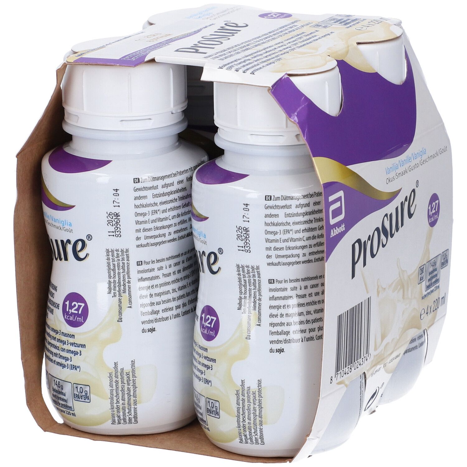 Prosure, 4 bottiglie in confezione di cartone. Gusto vaniglia. Logo Abbott. Informazioni nutrizionali. 4 x 220 ml.