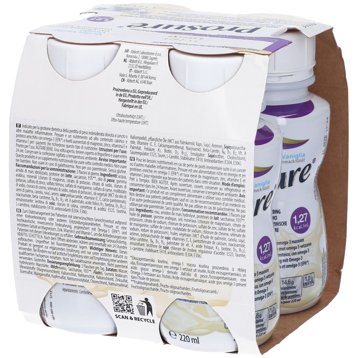 Prosure, 4 bottiglie in confezione di cartone. Gusto vaniglia. Logo Abbott. Informazioni nutrizionali. 4 x 220 ml.