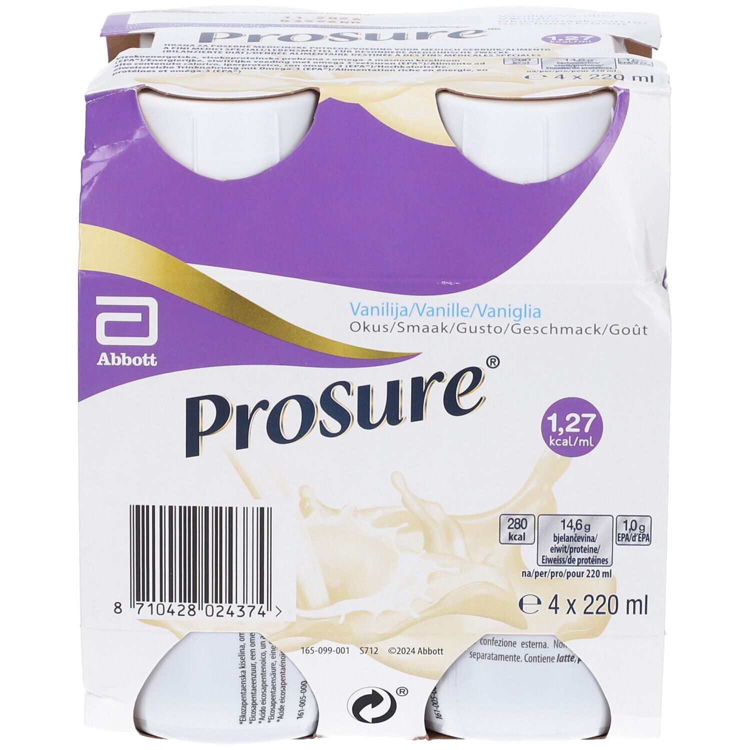Prosure, 4 bottiglie in confezione di cartone. Gusto vaniglia. Logo Abbott. Informazioni nutrizionali. 4 x 220 ml.