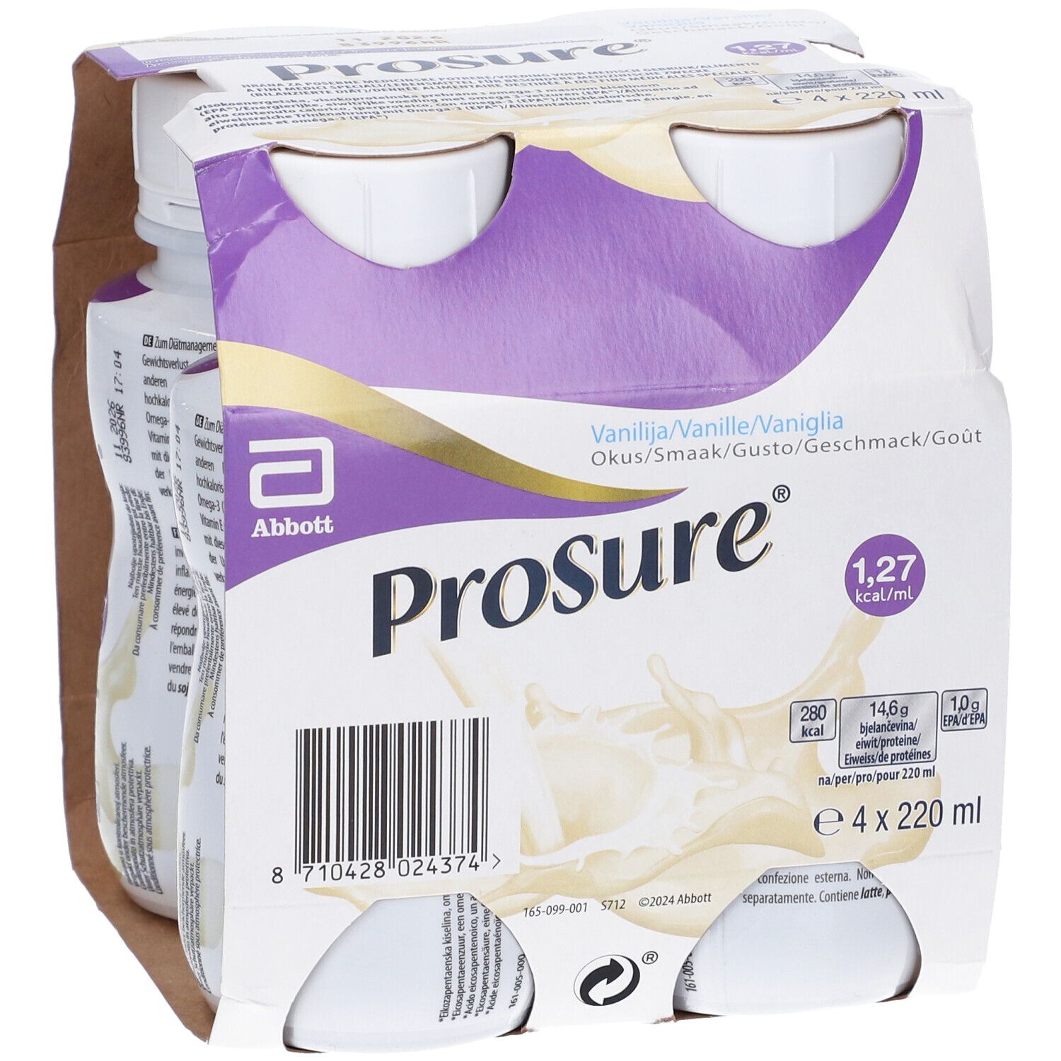 Prosure, 4 bottiglie in confezione di cartone. Gusto vaniglia. Logo Abbott. Informazioni nutrizionali. 4 x 220 ml.
