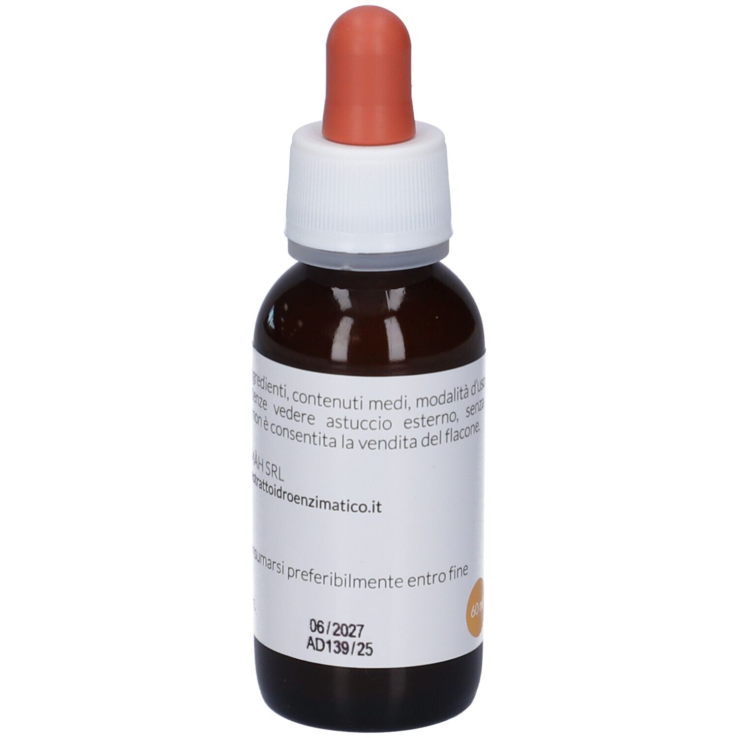 Flacone di vetro marrone con contagocce. Scritta: EIE-LIP NATTO. Etichetta con testo e 60 ml. Scadenza 06/2027.