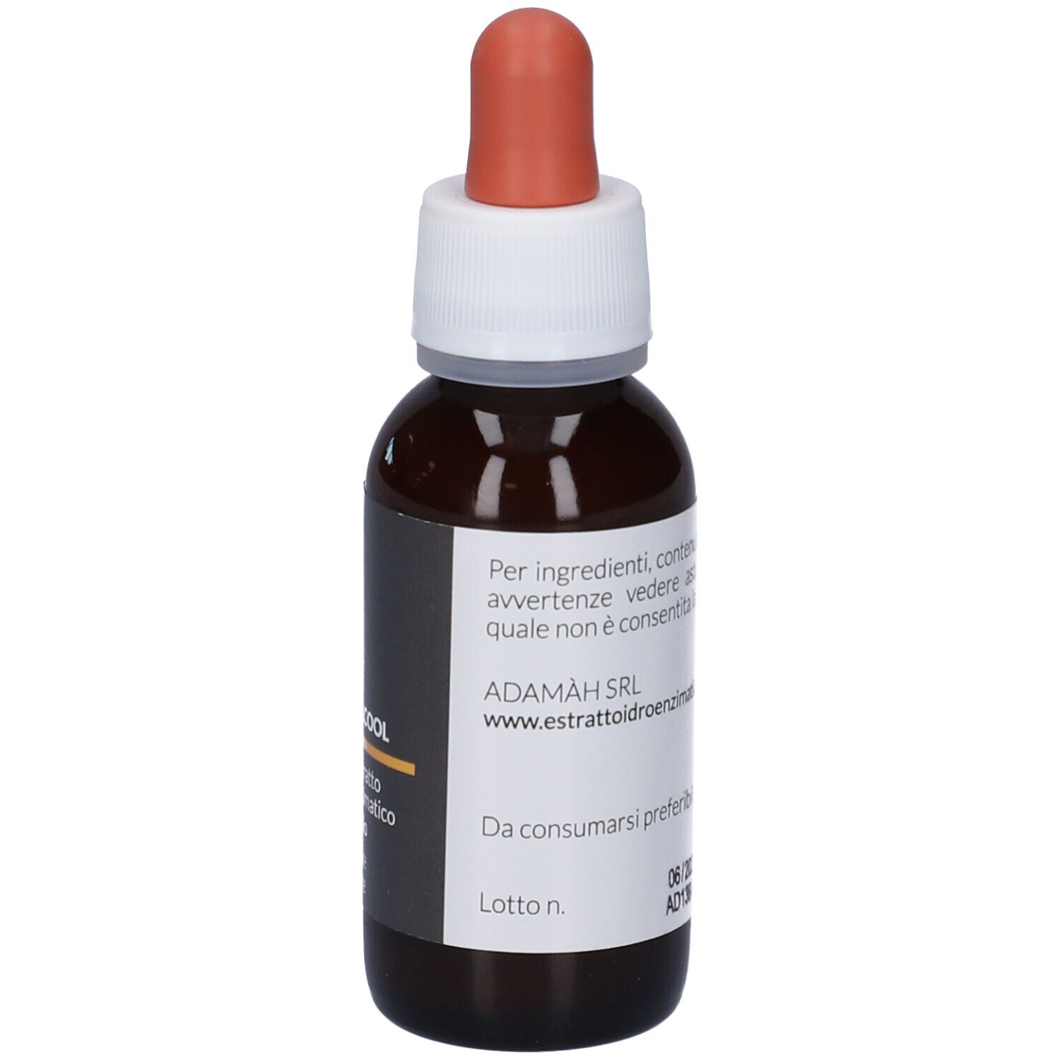 Flacone di vetro marrone con contagocce. Scritta: EIE-LIP NATTO. Etichetta con testo. Produttore: ADAMAH SRL.