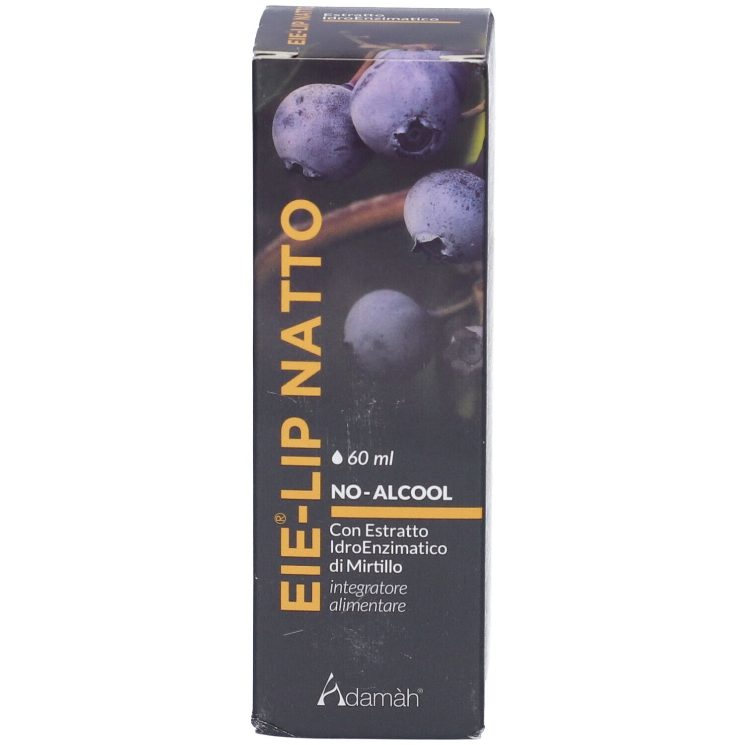 Confezione con mirtilli e scritta: EIE-LIP NATTO. 60 ml, NO-ALCOOL. Marchio: Adamah.