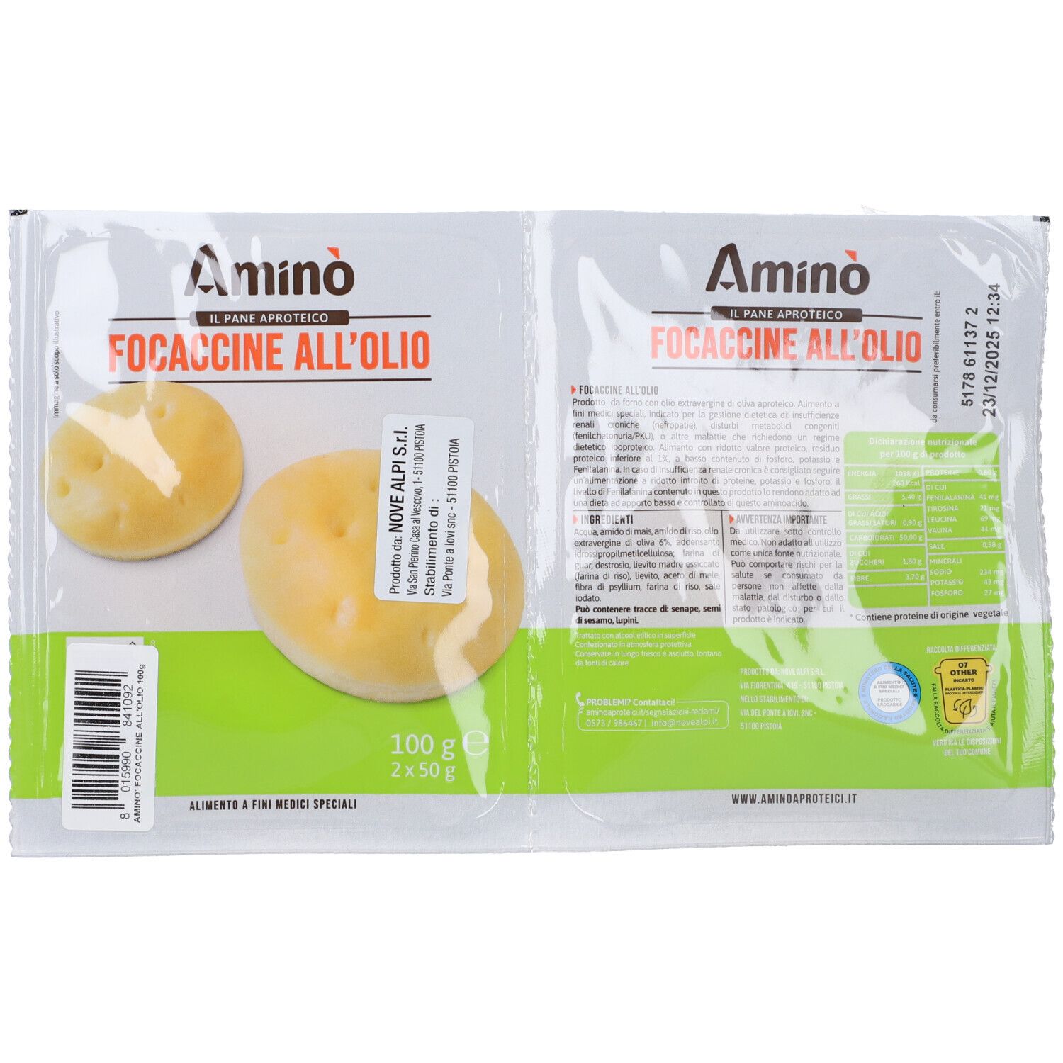 Confezione di due focaccine all'olio. Scritta 'Amino' e 'Focaccine all'olio'. 100g, 2 x 50g. Confezione verde e bianca.