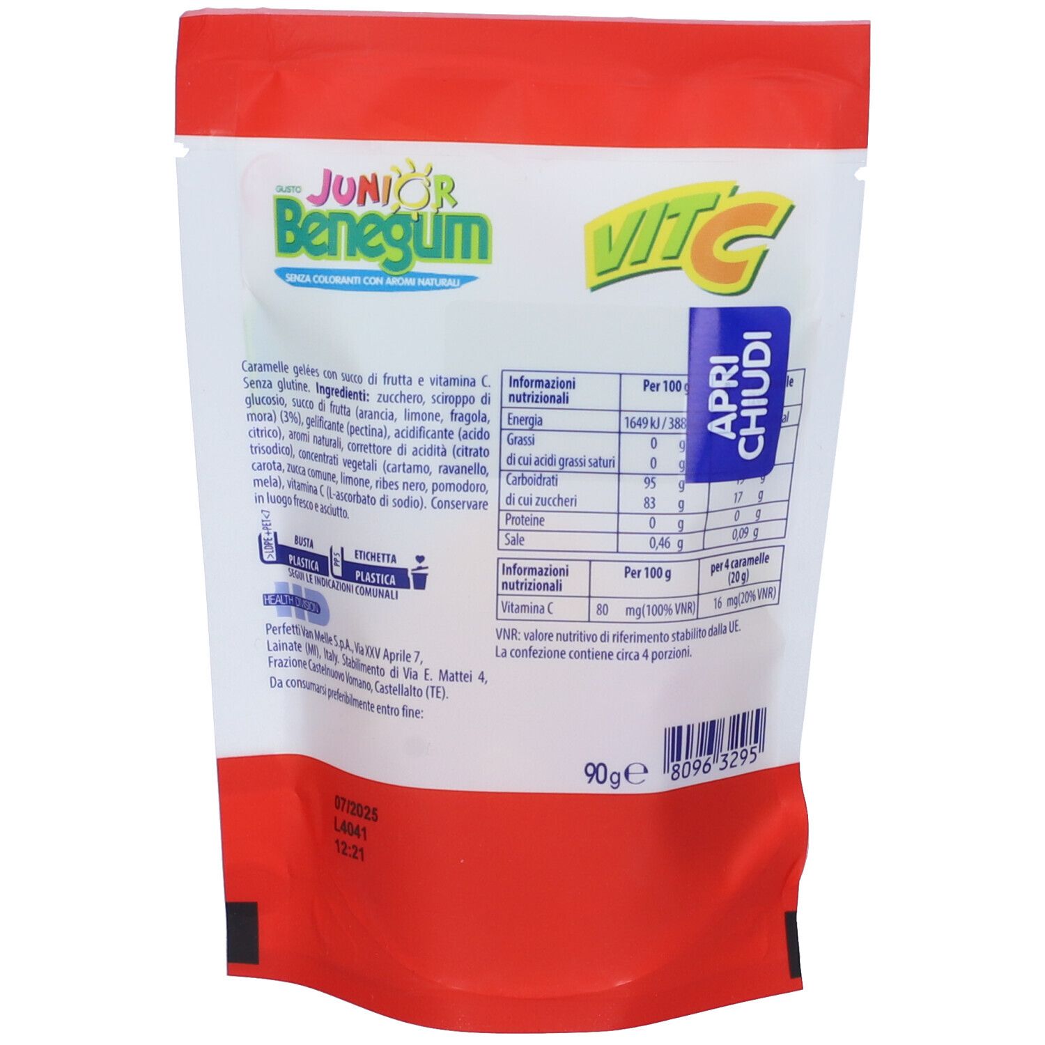 Retro della confezione di Junior Benegum Viit C Caramelle Gelée. Testo con informazioni nutrizionali e ingredienti. Stampa con nome del prodotto.