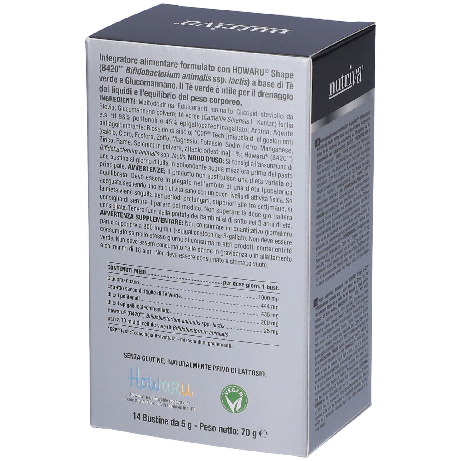 Retro della scatola "nutriva". Testo in italiano. Contiene ingredienti e informazioni nutrizionali.