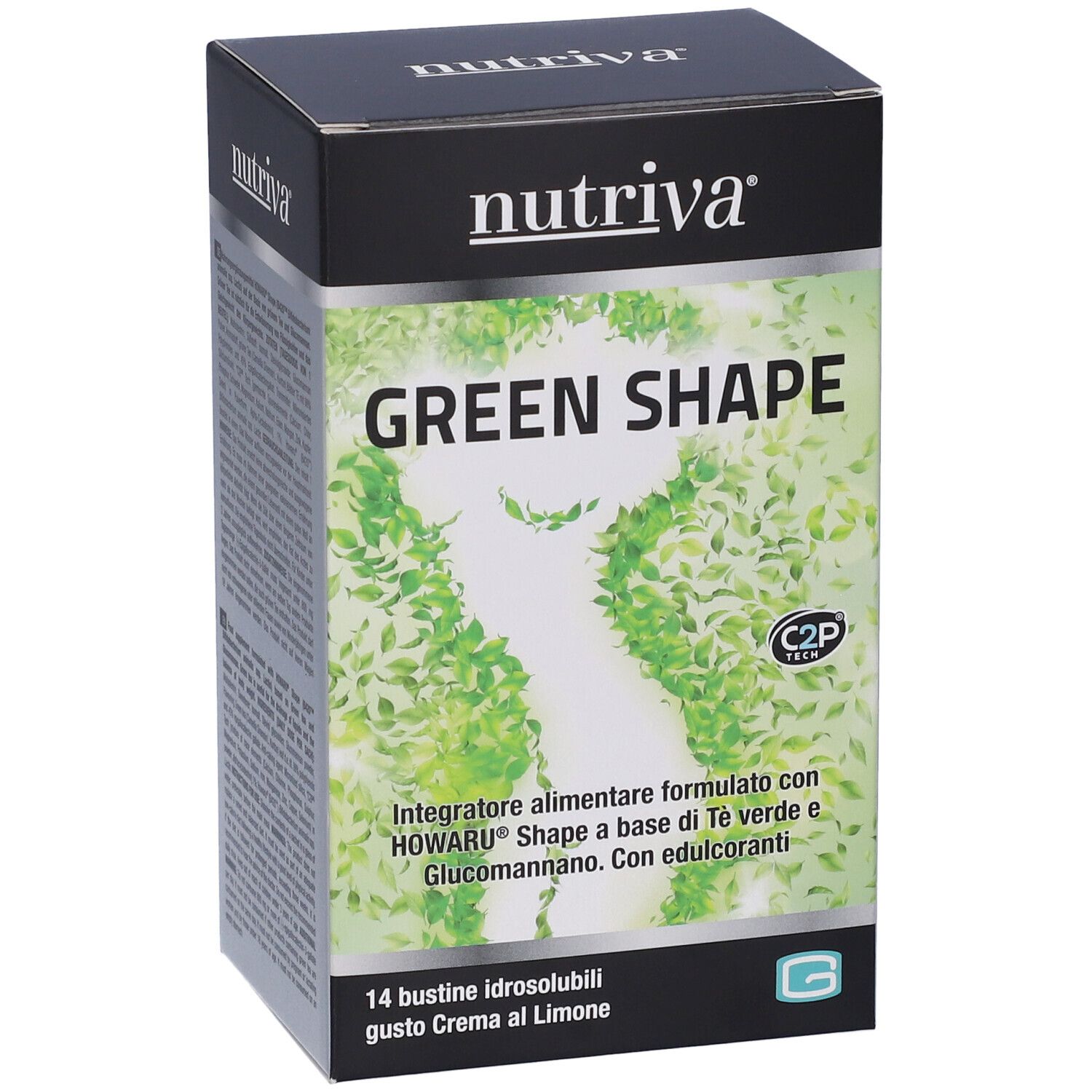 Scatola "nutriva" e "GREEN SHAPE". Contiene 14 bustine. Design verde e bianco con foglie.