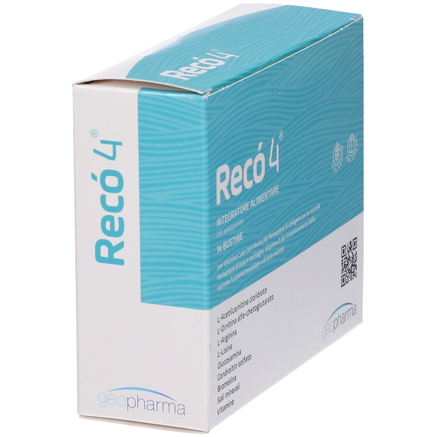 Confezione del prodotto angolata. Nome del prodotto e ingredienti visibili. Logo Geopharma.