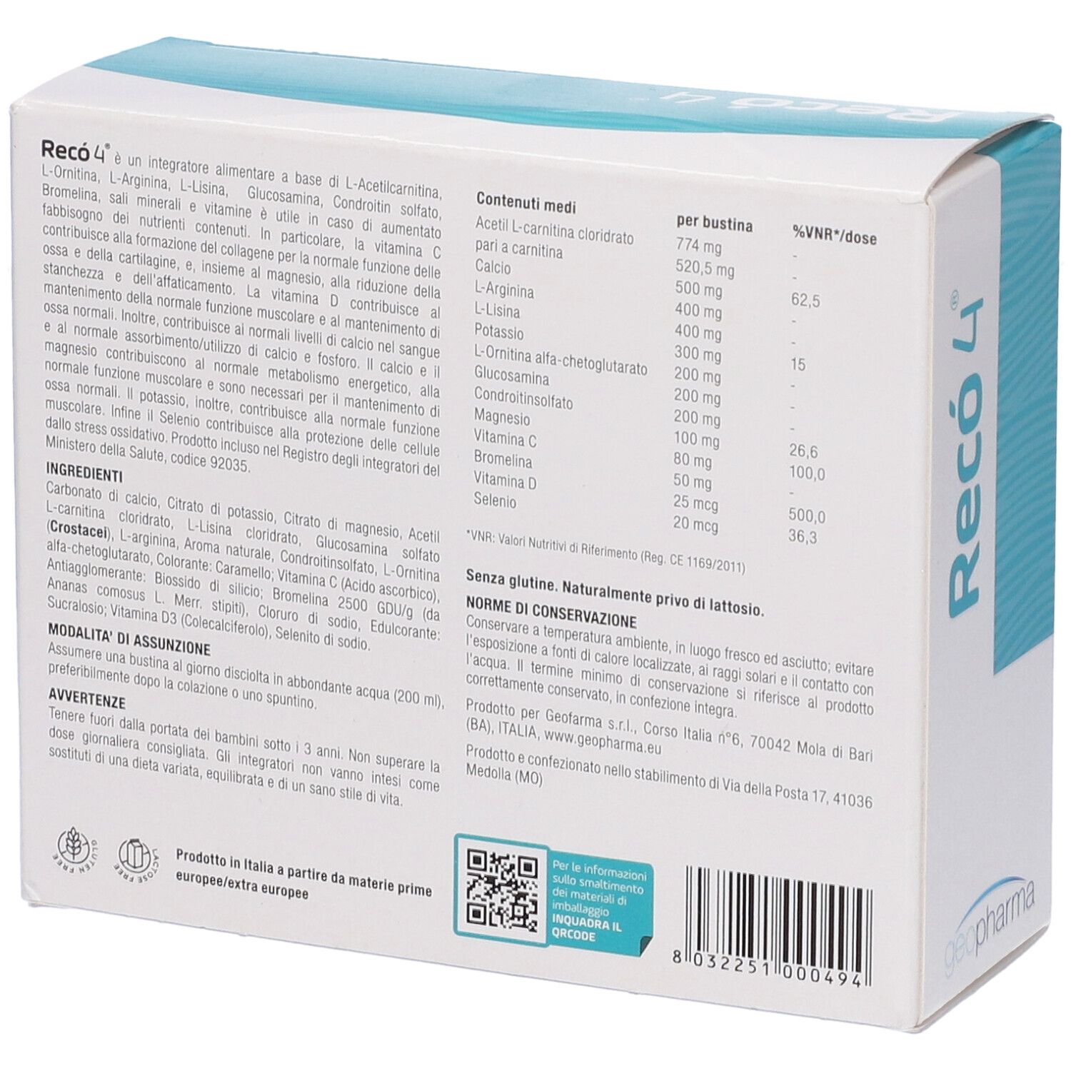 Retro della confezione del prodotto. Ingredienti, informazioni nutrizionali e dettagli del produttore visibili.