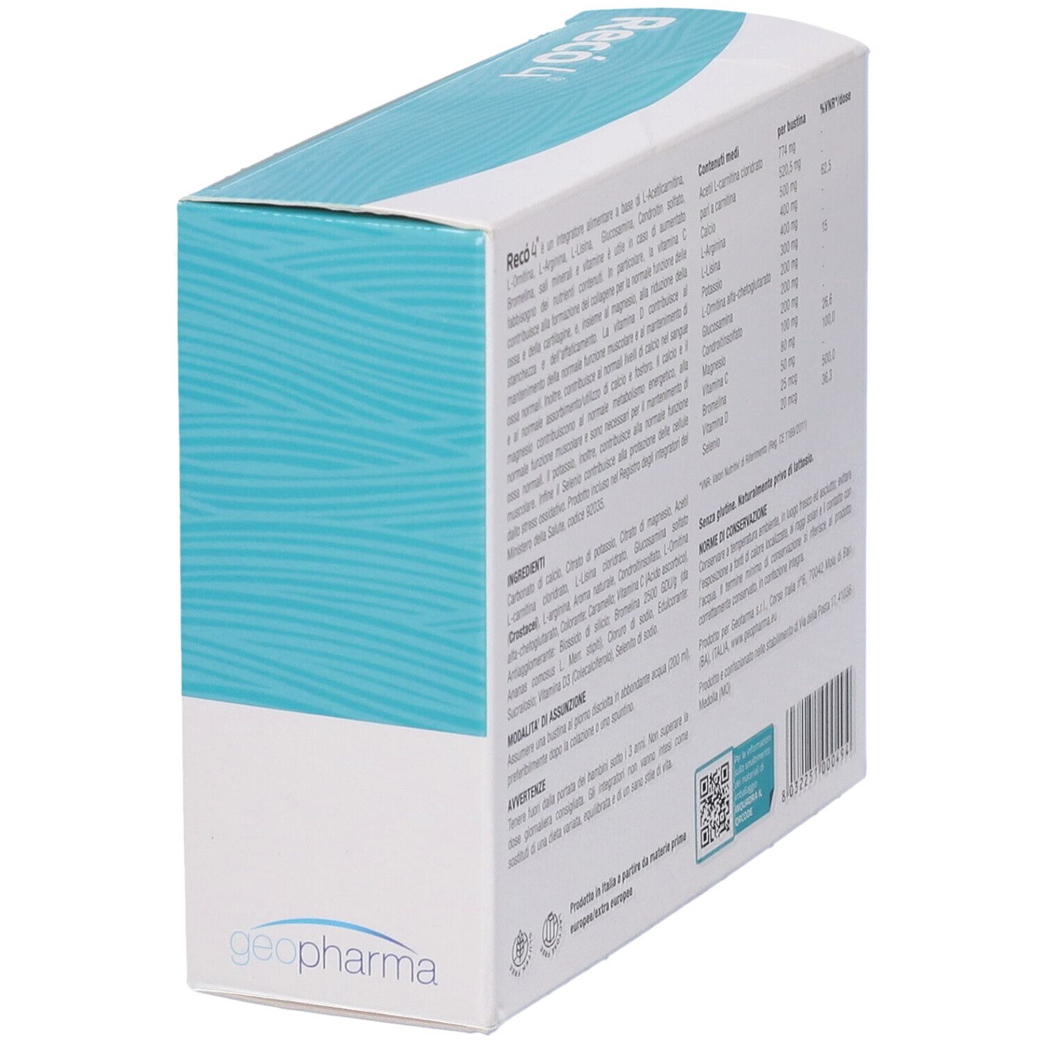 Confezione del prodotto angolata. Retro con ingredienti e informazioni nutrizionali. Logo Geopharma.