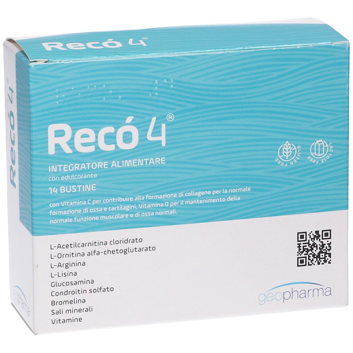 Confezione del prodotto con nome e ingredienti. 14 bustine. Certificazione senza glutine. Sfondo ondulato.