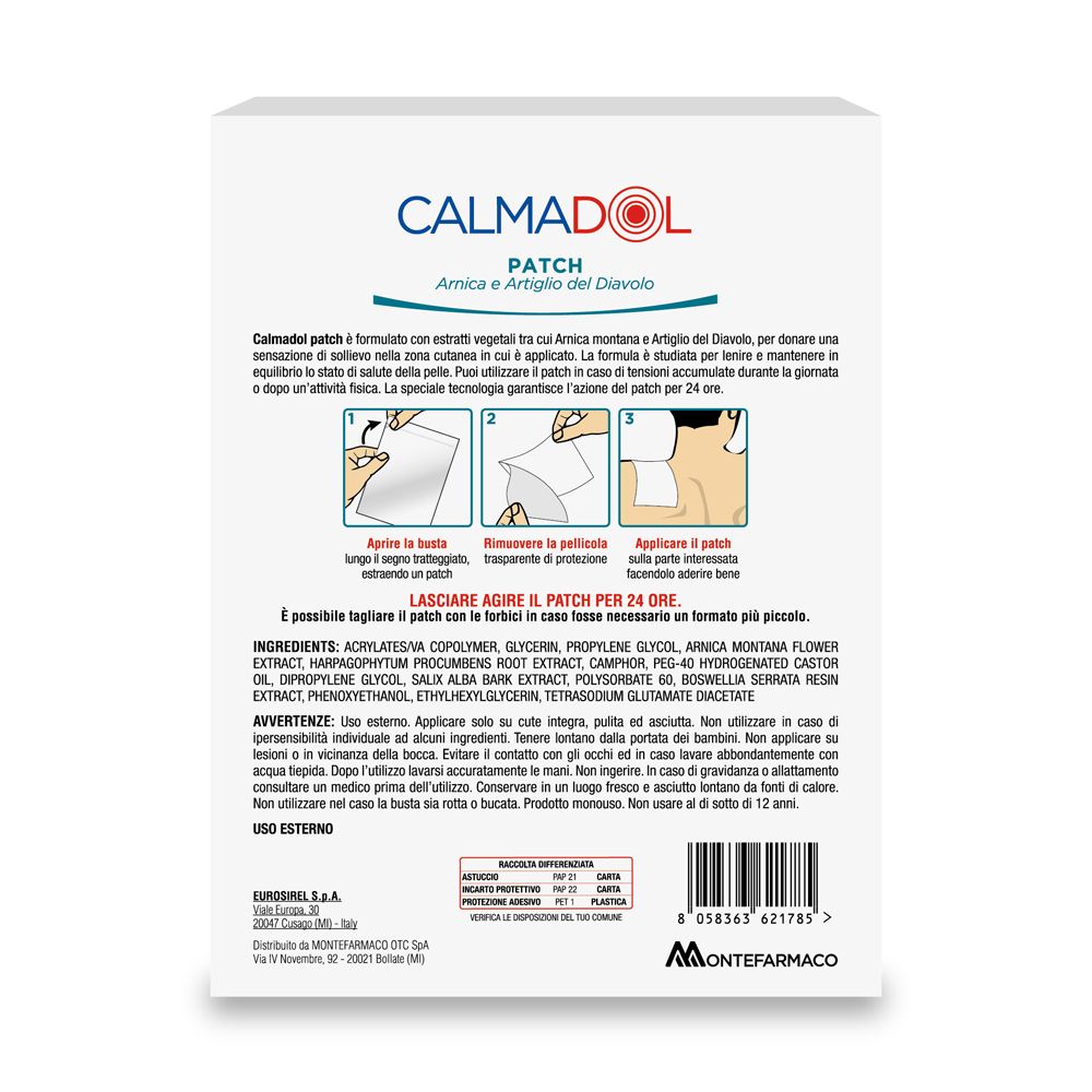 Retro confezione Calmadol Patch. Contiene informazioni prodotto e ingredienti.