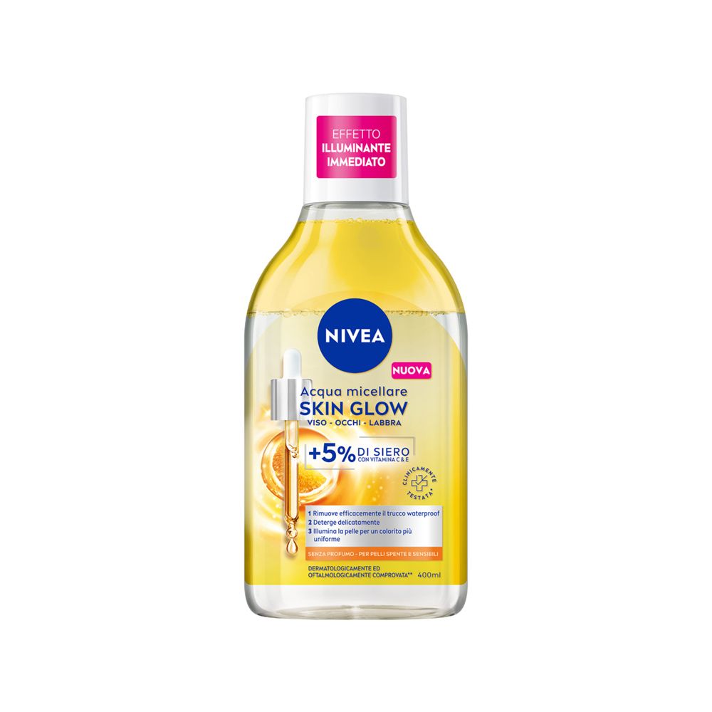 Nivea Acqua Micellare Skin Glow 400 ml, Struccante viso e occhi con 5% siero + Aminoacid Complex