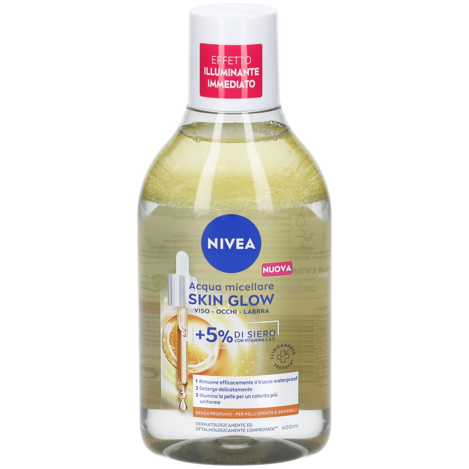 Nivea Acqua Micellare Skin Glow 400 ml, Struccante viso e occhi con 5% siero + Aminoacid Complex