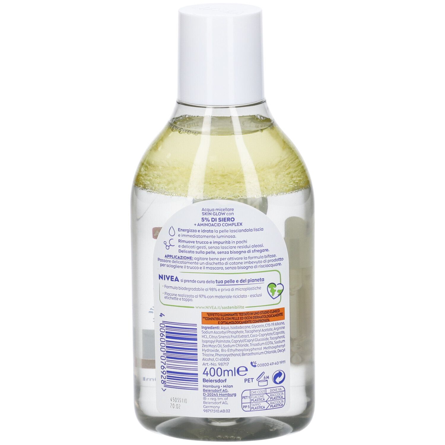 Nivea Acqua Micellare Skin Glow 400 ml, Struccante viso e occhi con 5% siero + Aminoacid Complex
