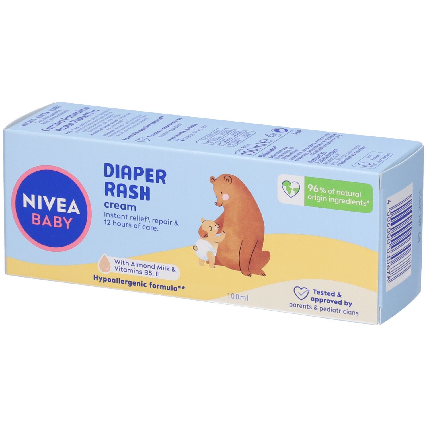 Confezione della crema per bambini. Scritta: Nivea Baby Diaper Rash cream. Illustrazione orso.