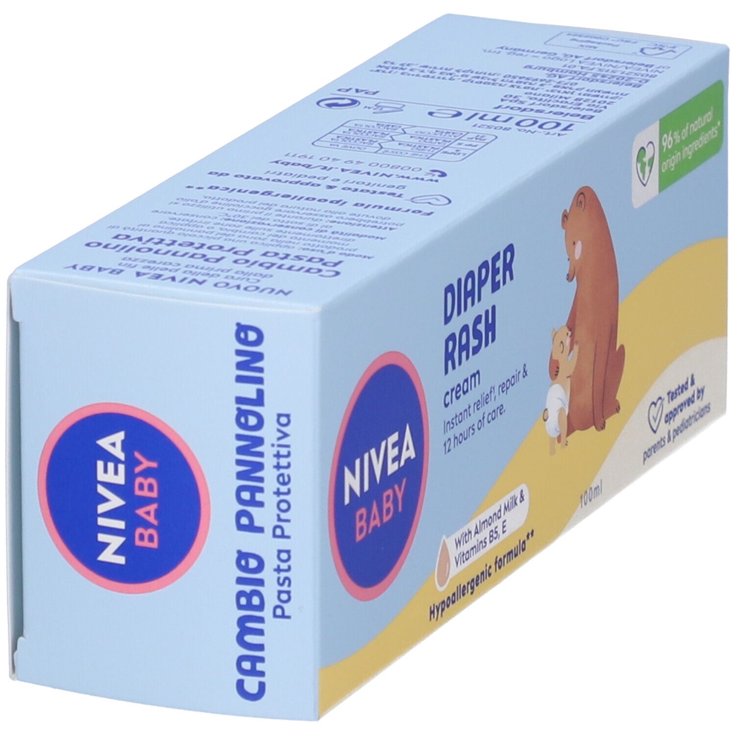 Confezione della crema per bambini. Scritta: Nivea Baby Diaper Rash cream. Vista obliqua.