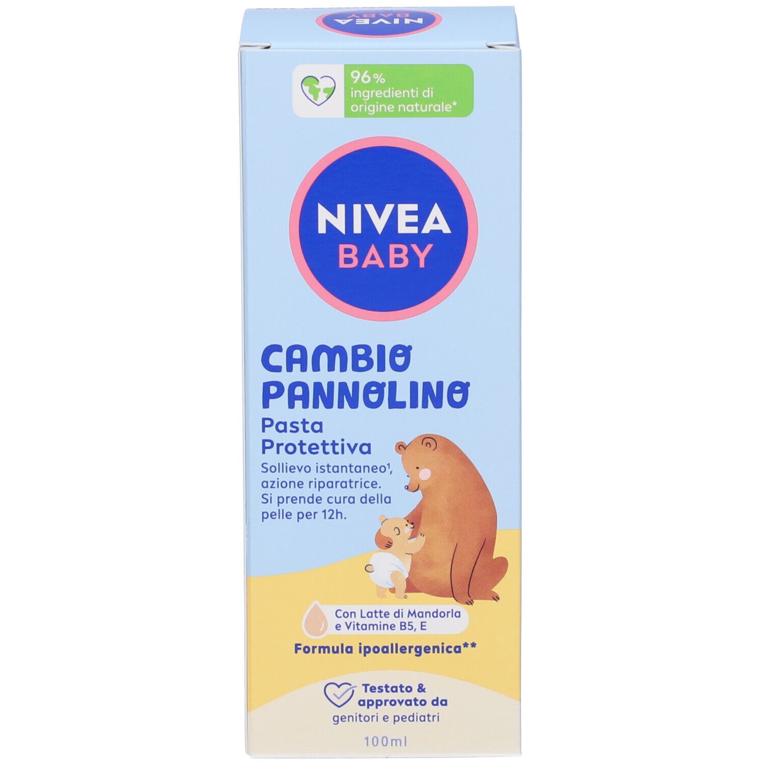 Confezione della crema per bambini. Scritta: Nivea Baby Cambio Pannolino Pasta Protettiva. Vista frontale.