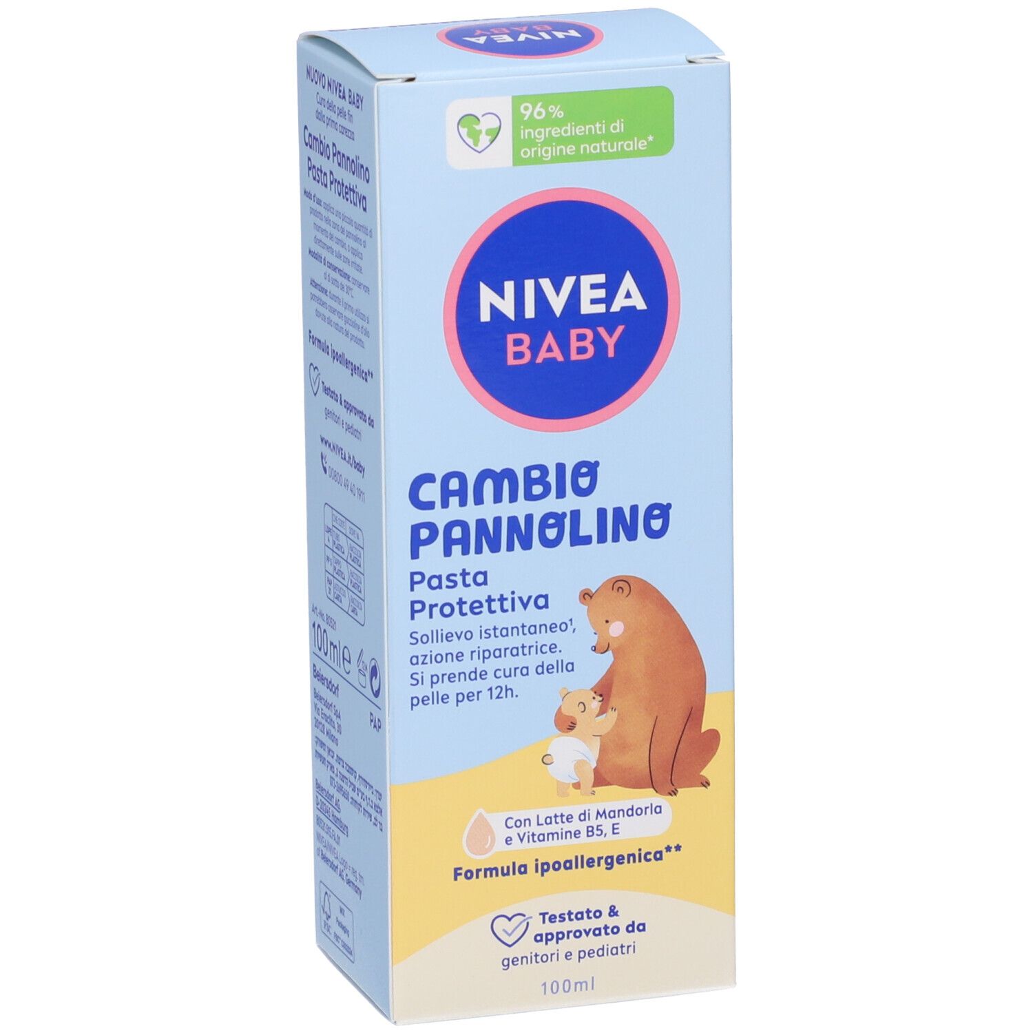 Confezione della crema per bambini. Scritta: Nivea Baby Cambio Pannolino Pasta Protettiva. Vista laterale.