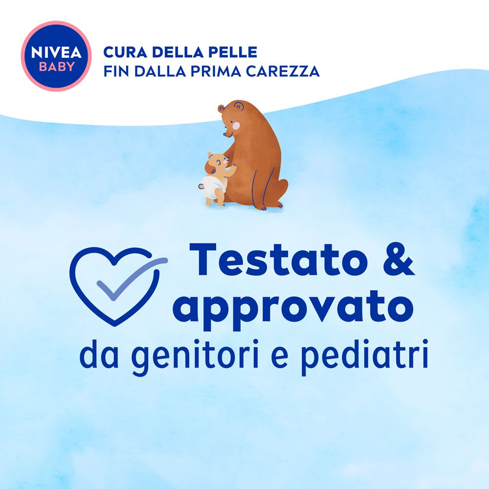 Sfondo blu con testo: Testato & approvato da genitori e pediatri. Logo con spunta.