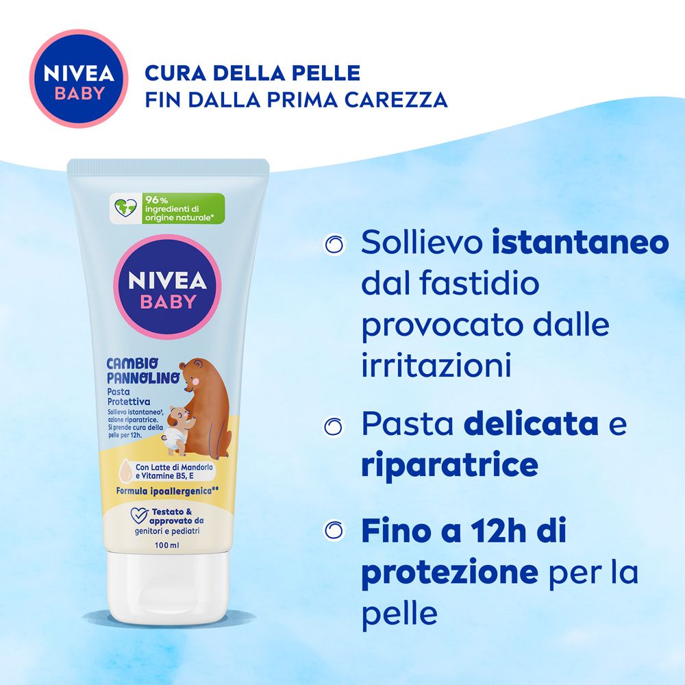 Tubo di crema per bambini con testo: Solievo istantaneo dal fastidio. Pasta delicata e riparatrice. Fino a 12h.