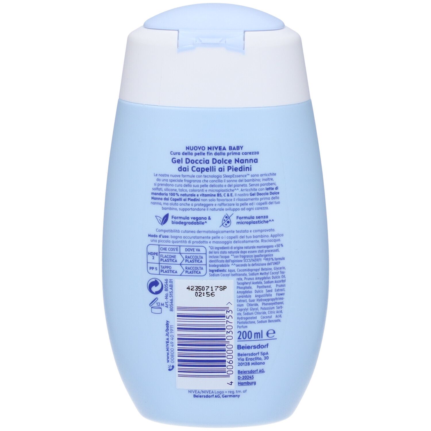 Nivea Baby Gel Doccia Dolce Nanna dai Capelli ai Piedini 200 ml, Detergente neonato corpo e capelli