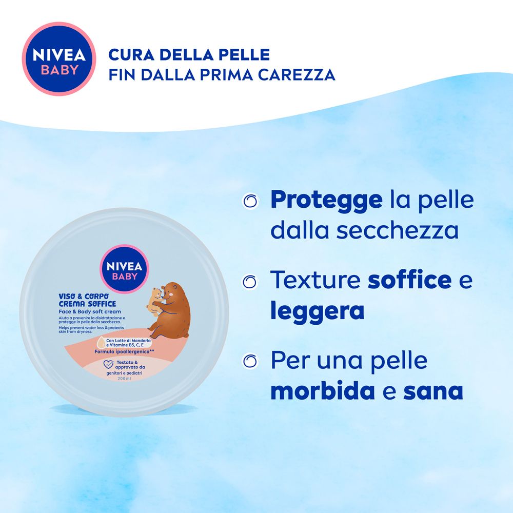 Nivea Baby Viso & Corpo Crema Soffice 200 ml, Crema bambini corpo e viso idratante e nutriente