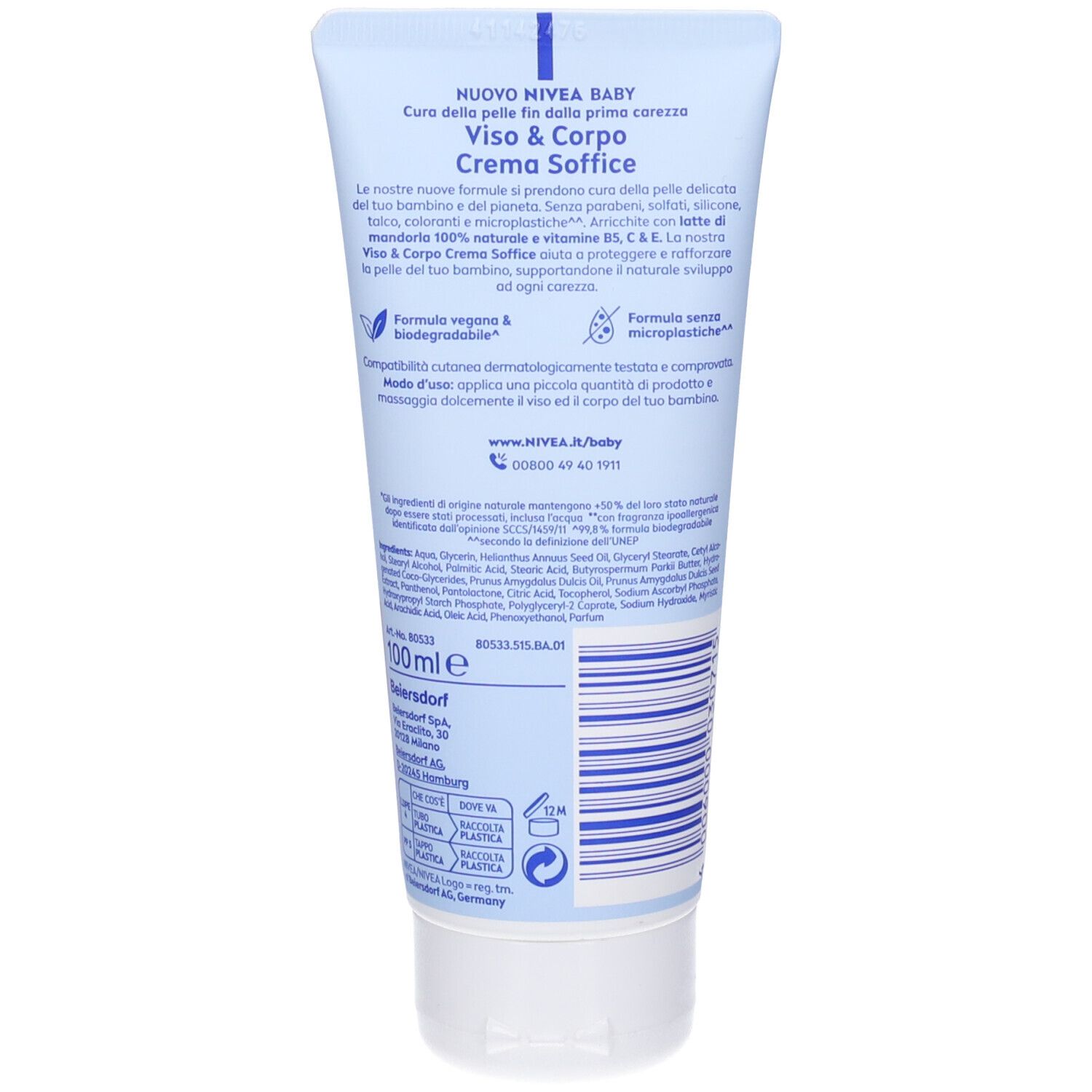 Nivea Baby Viso & Corpo Crema Soffice 100 ml, Crema bambini corpo e viso idratante e nutriente
