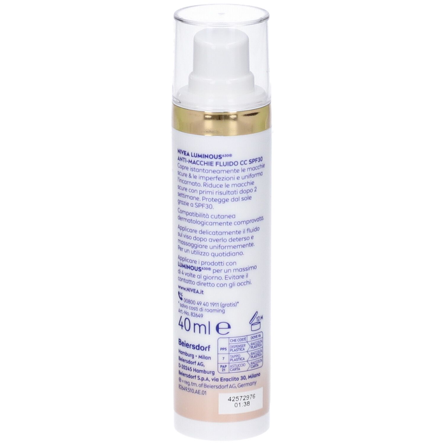 Nivea Cellular Luminous630 Fluido CC Cream SPF 30 Light 40 ml, Crema viso colorata anti-macchie