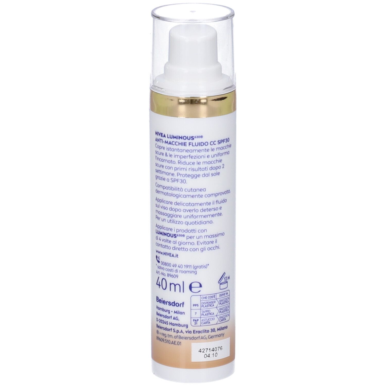 Nivea Cellular Luminous630 Fluido CC Cream SPF 30 Medium 40 ml, Crema viso colorata anti-macchie