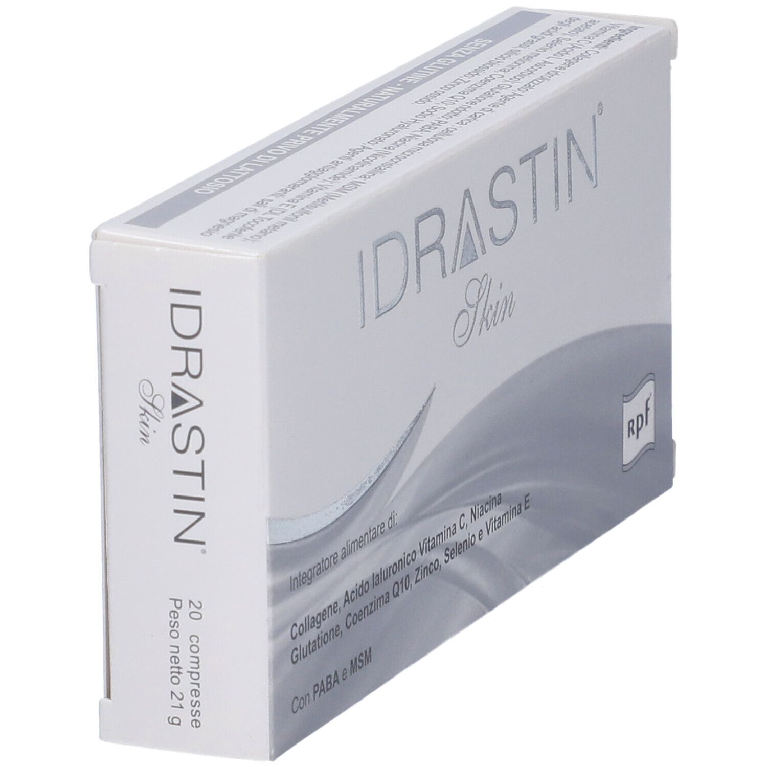 Scatola bianca con logo IDRASTIN Skin. Contiene 20 compresse. Contiene integratore alimentare con collagene, acido ialuronico, vitamina C, zinco, selenio e vitamina E.