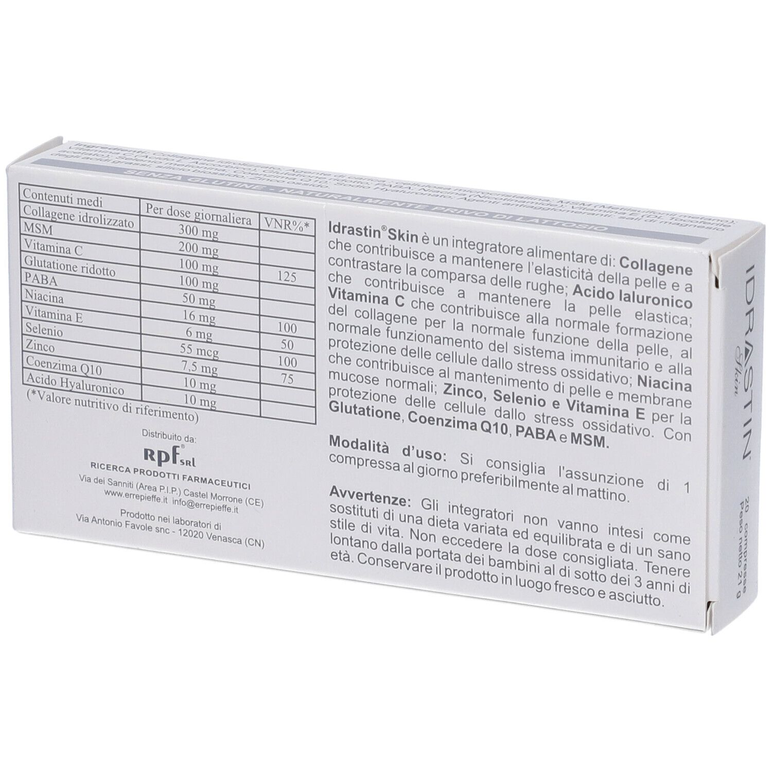 Retro della scatola bianca IDRASTIN Skin. Contiene informazioni sugli ingredienti e l'uso. Contiene collagene, acido ialuronico, vitamina C, zinco, selenio e vitamina E.