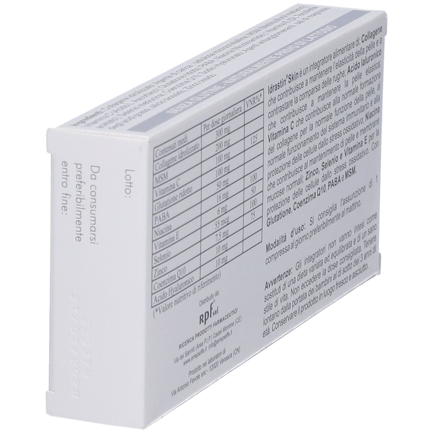 Retro della scatola bianca IDRASTIN Skin. Contiene informazioni sugli ingredienti e l'uso. Contiene collagene, acido ialuronico, vitamina C, zinco, selenio e vitamina E.