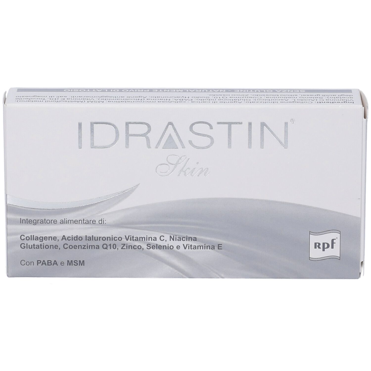 Scatola bianca con logo IDRASTIN Skin. Contiene integratore alimentare con collagene, acido ialuronico, vitamina C, zinco, selenio e vitamina E.