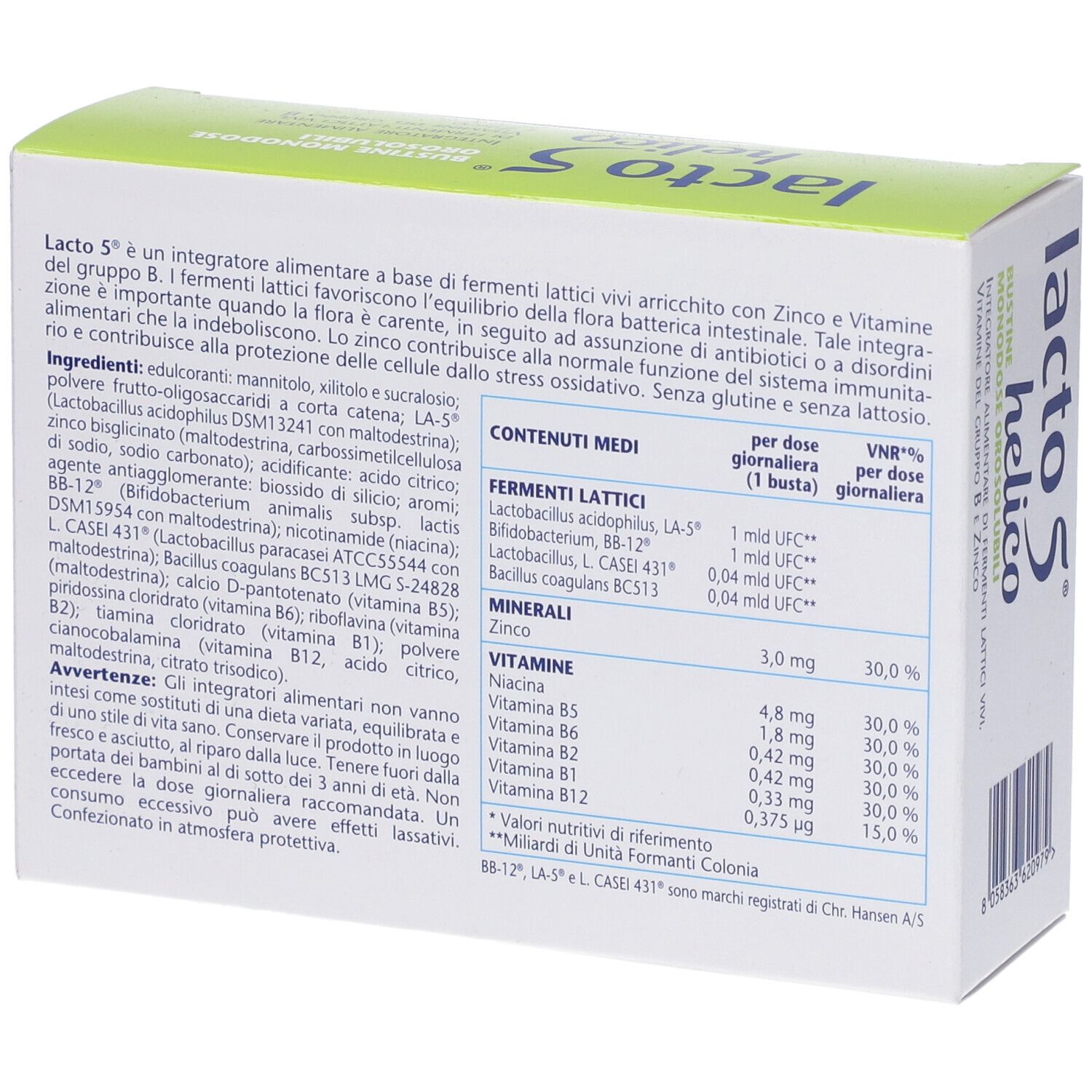 Retro della confezione Lacto 5 Helico. Testo: ingredienti, informazioni nutrizionali, informazioni produttore. Sfondo bianco, testo nero.