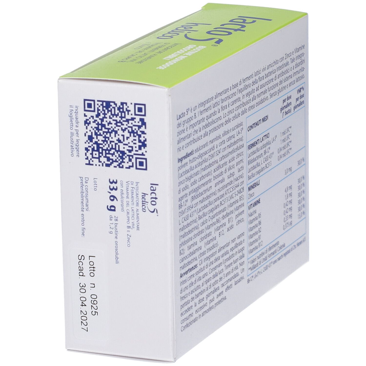 Scatola Lacto 5 Helico, con codice QR e testo. Testo: 33,6 g, 28 Bustine, Scad. 30.04.2027. Sfondo bianco con elementi verdi e neri.