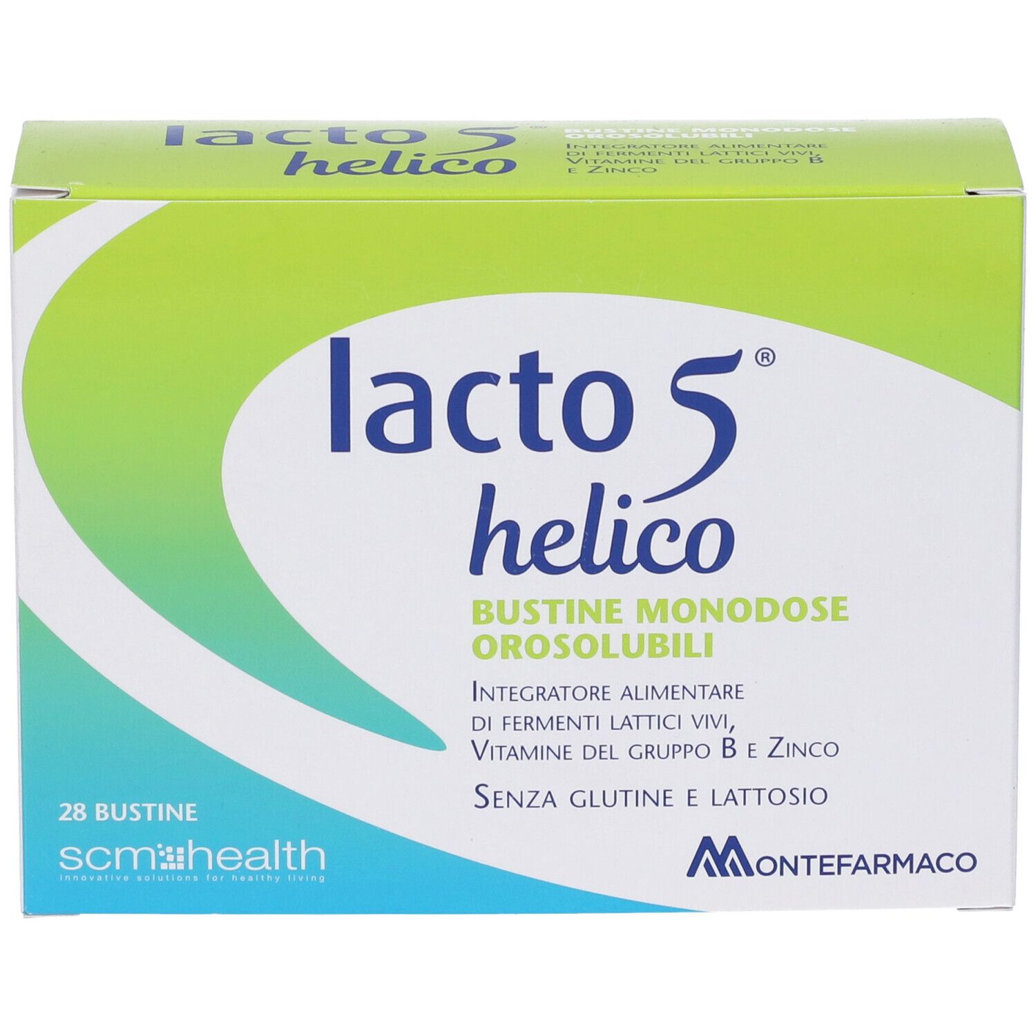 Fronte della confezione Lacto 5 Helico. Testo: Lacto 5 Helico, Bustine Monodose Orosolubili, Integratore Alimentare, Vitamine, Zinco. Verde e bianco.
