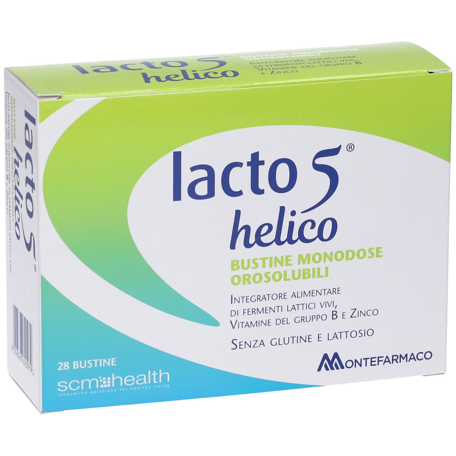 Fronte della confezione Lacto 5 Helico. Testo: Lacto 5 Helico, Bustine Monodose Orosolubili, Integratore Alimentare, Vitamine, Zinco. Verde e bianco.