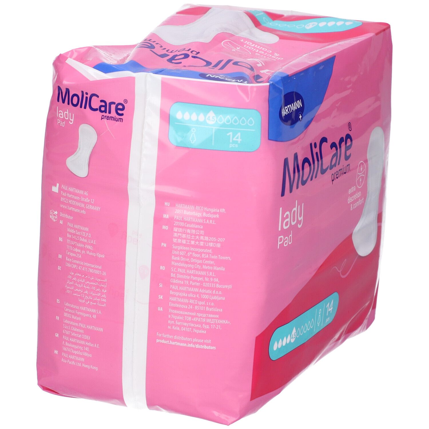 Confezione MoliCare Lady Pad, vista laterale. Confezione rosa con informazioni sul prodotto. 14 pezzi.