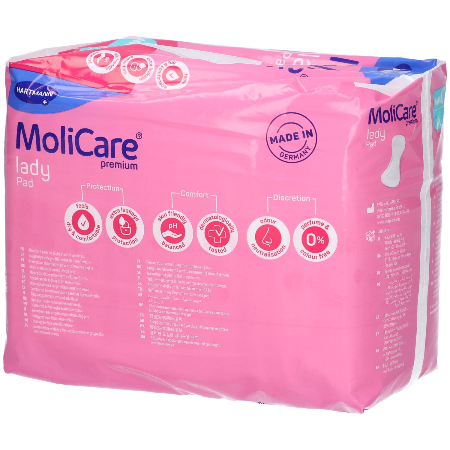 Confezione MoliCare Lady Pad. Confezione rosa con caratteristiche del prodotto e logo. Prodotto in Germania.