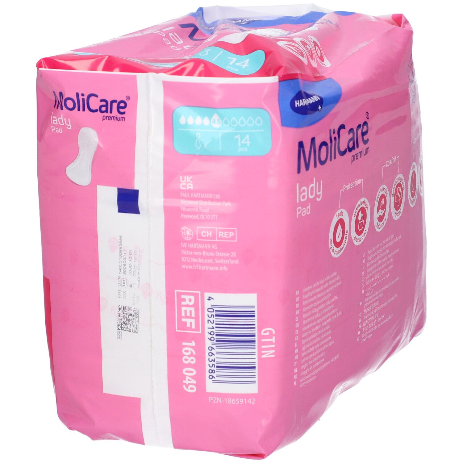 Confezione MoliCare Lady Pad, retro. Confezione rosa con informazioni sul prodotto e codice a barre. 14 pezzi.